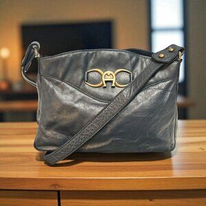 VTG Etienne Aigner Purse Navy Blue Genuine Leather Brass Logo 80s Shoulder Bag